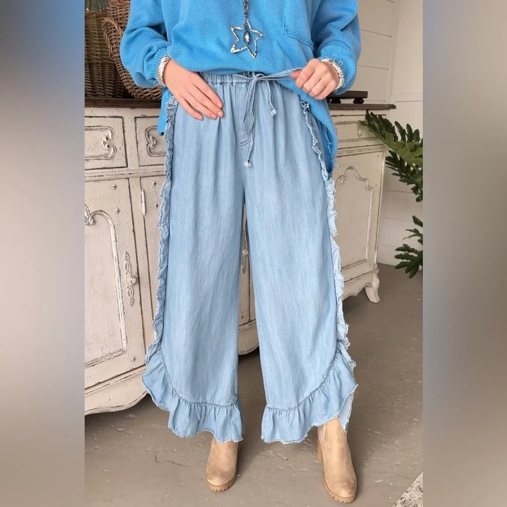Easel light blue chambray denim wide leg elastic waist pull on pants size Large - Picture 12 of 13
